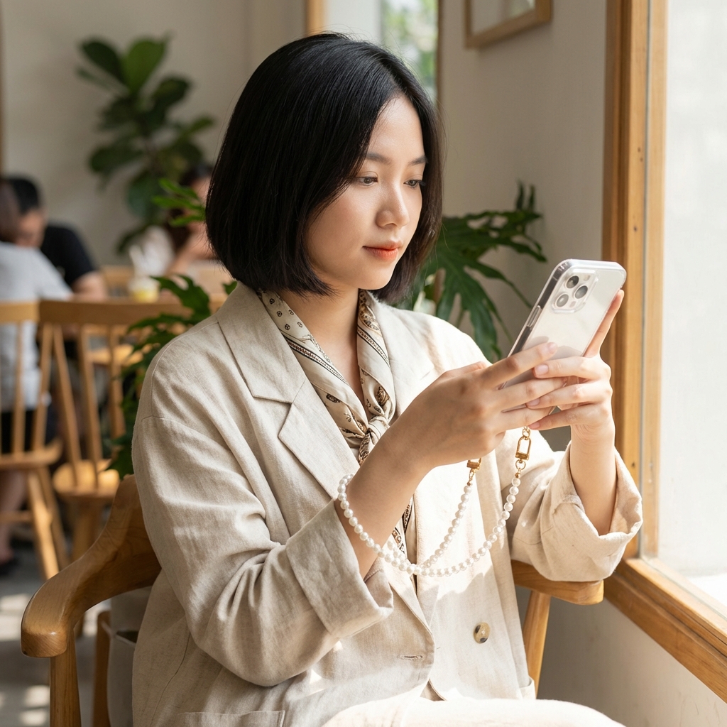 Cô gái đang sử dụng điện thoại với móc treo an toàn